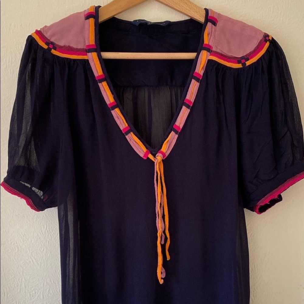 French Connection Navy Sheer V Neck Ribbon Shirt
